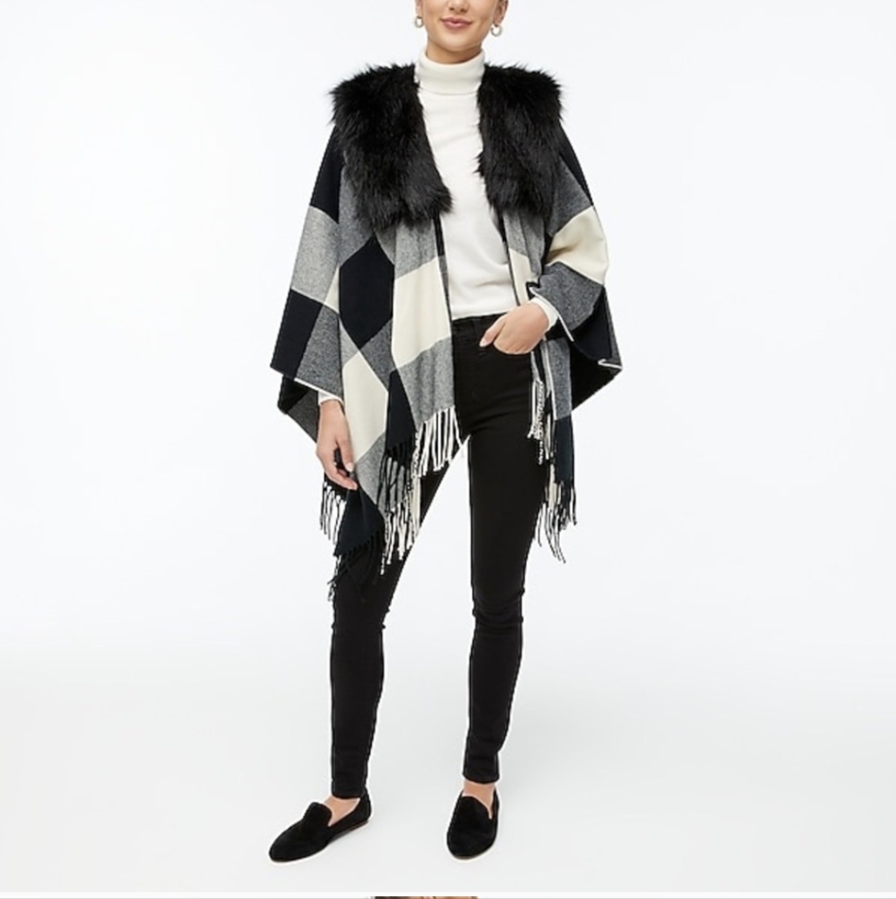 J. CREW BUFFALO PLAID CHECK FAUX FUR FRINGED WRAP CAPE SCARF NWT